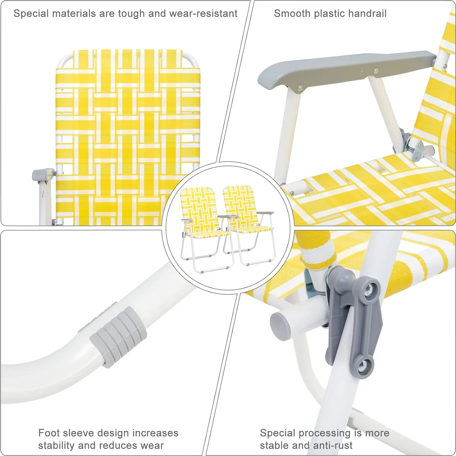 2 Pack Patio Folding Lawn Chairs for Adults,Outdoor/Indoor Portable Beach Chair,Folding Webbed Lawn Beach Chair,Foldable Camping Chairs,Supports 264 lbs,for Garden, Travel (Yellow, 55x62x92.5cm)