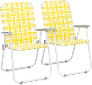 2 Pack Patio Folding Lawn Chairs for Adults,Outdoor/Indoor Portable Beach Chair,Folding Webbed Lawn Beach Chair,Foldable Camping Chairs,Supports 264 lbs,for Garden, Travel (Yellow, 55x62x92.5cm)