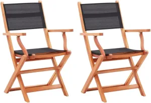 2 Pcs Black Folding Patio Chairs Solid Eucalyptus Wood Outdoor Armchairs with Textilene Seats for Garden Lawn Camping Lounging