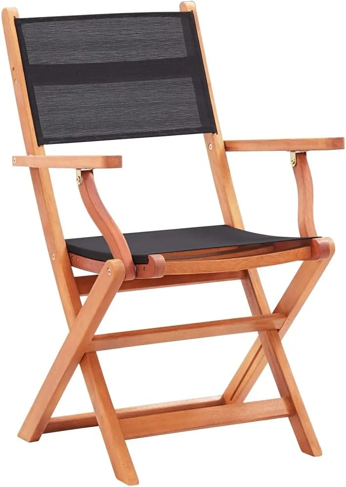 2 Pcs Black Folding Patio Chairs Solid Eucalyptus Wood Outdoor Armchairs with Textilene Seats for Garden Lawn Camping Lounging