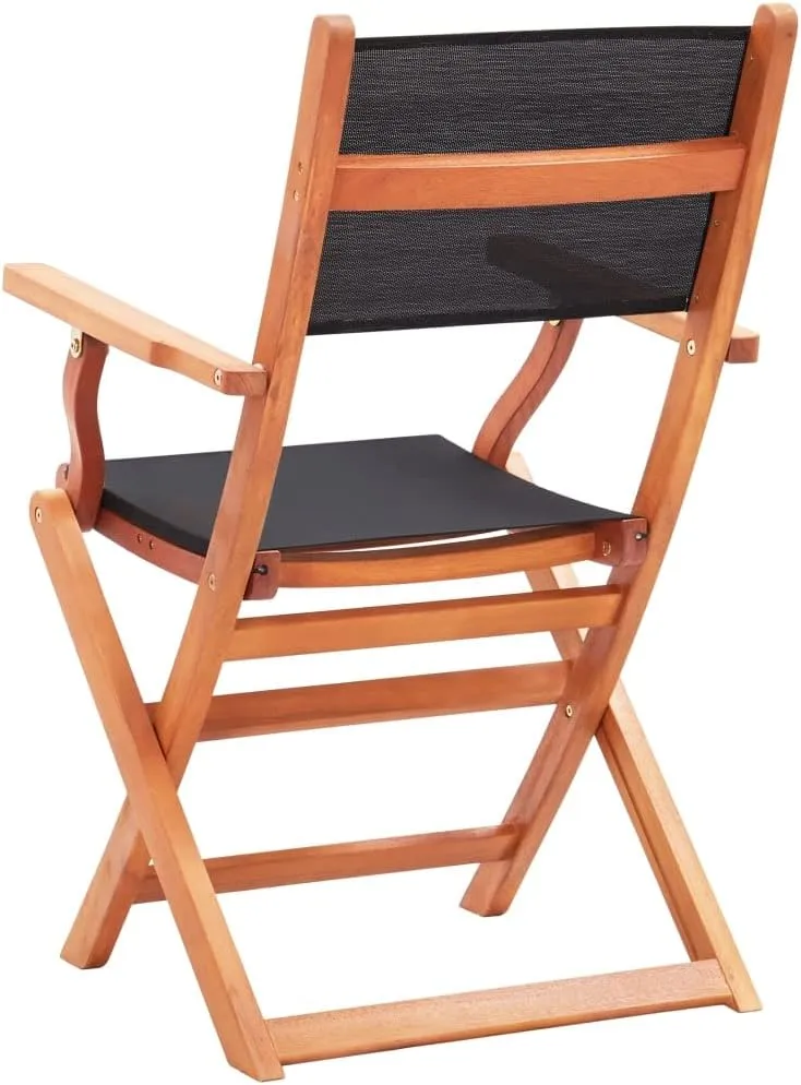 2 Pcs Black Folding Patio Chairs Solid Eucalyptus Wood Outdoor Armchairs with Textilene Seats for Garden Lawn Camping Lounging