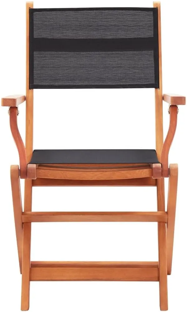 2 Pcs Black Folding Patio Chairs Solid Eucalyptus Wood Outdoor Armchairs with Textilene Seats for Garden Lawn Camping Lounging
