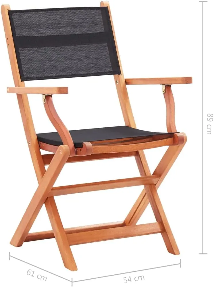 2 Pcs Black Folding Patio Chairs Solid Eucalyptus Wood Outdoor Armchairs with Textilene Seats for Garden Lawn Camping Lounging