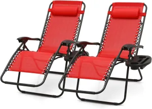 2 pcs Zero Gravity Lounge Chair, Foldable Patio Recliners with Cup Holder Tray & Ergonomic Headrest for Outdoor, Beach, Camping, CAAP-BCC-C2P-RD
