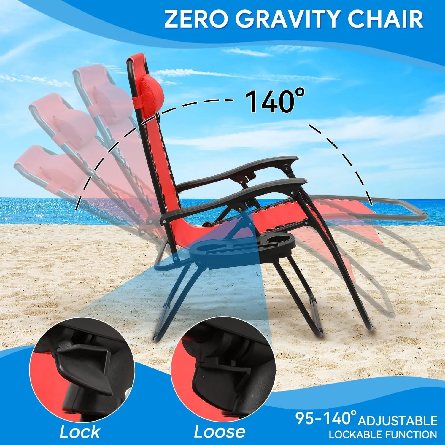 2 pcs Zero Gravity Lounge Chair, Foldable Patio Recliners with Cup Holder Tray & Ergonomic Headrest for Outdoor, Beach, Camping, CAAP-BCC-C2P-RD