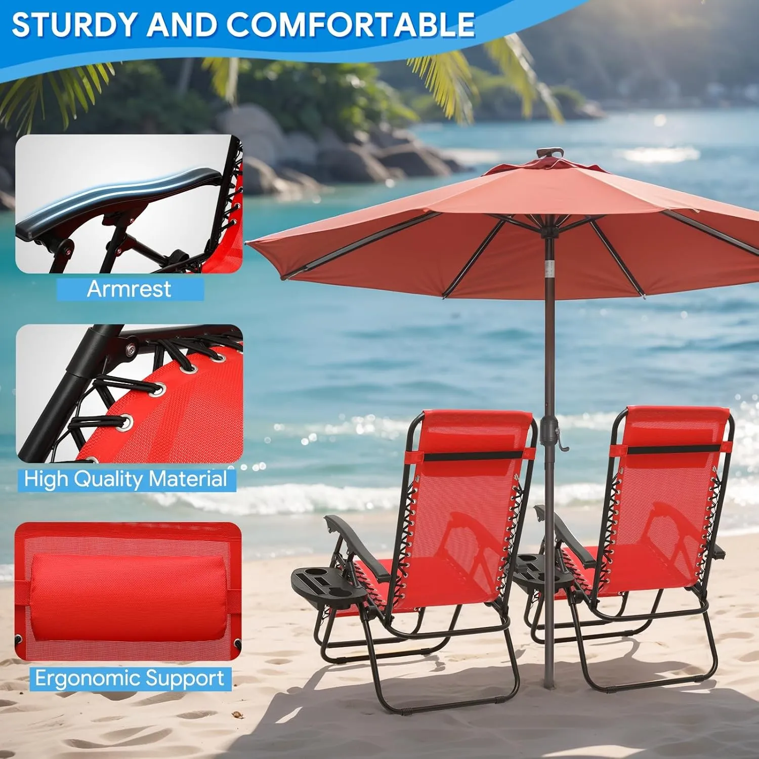 2 pcs Zero Gravity Lounge Chair, Foldable Patio Recliners with Cup Holder Tray & Ergonomic Headrest for Outdoor, Beach, Camping, CAAP-BCC-C2P-RD