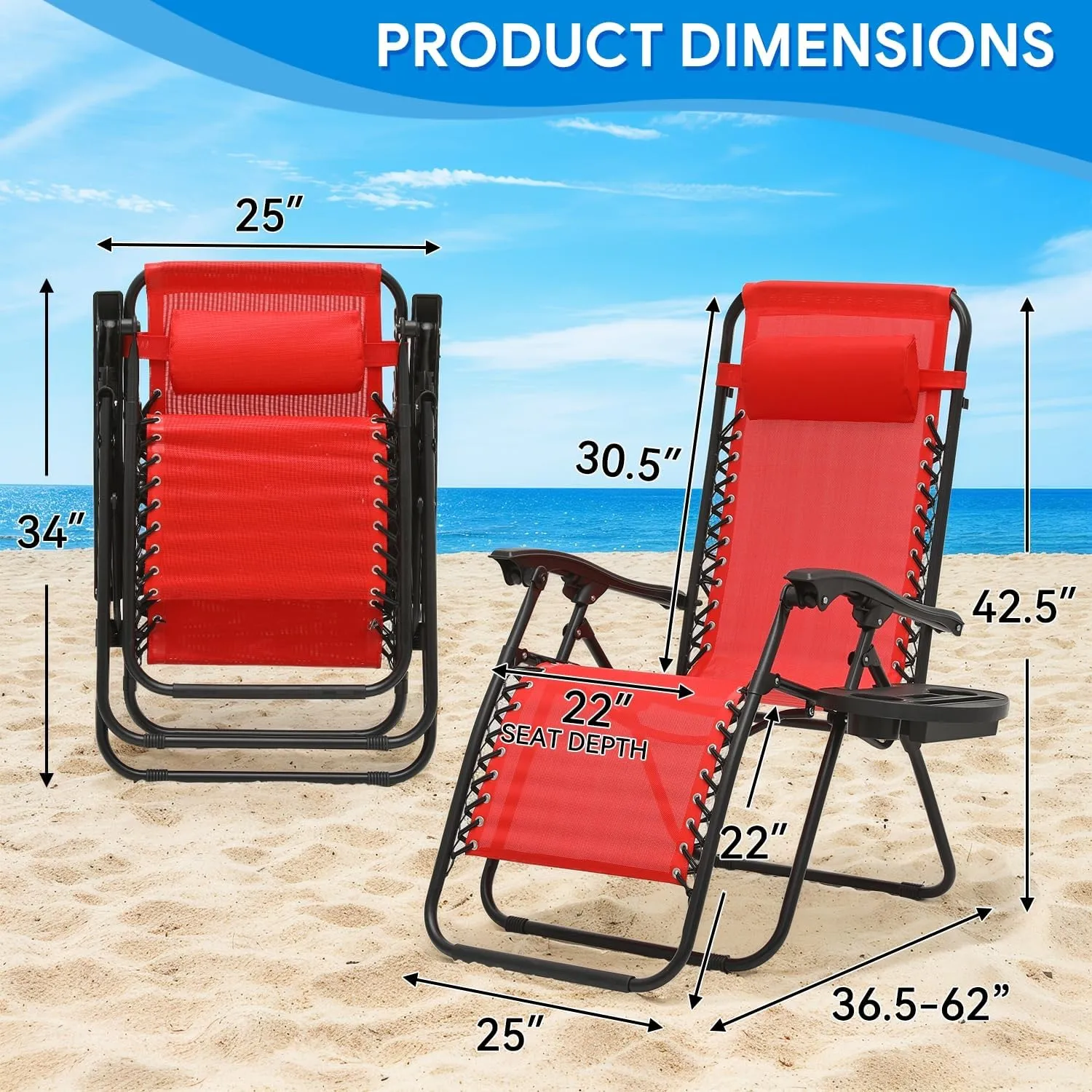 2 pcs Zero Gravity Lounge Chair, Foldable Patio Recliners with Cup Holder Tray & Ergonomic Headrest for Outdoor, Beach, Camping, CAAP-BCC-C2P-RD
