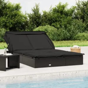 2-Person Sunbed with Foldable Roof Black 83.9"x46.5"x38.2" Poly Rattanpatio Recliner Tanning Chair Camping chairsSuitable for Garden Courtyard