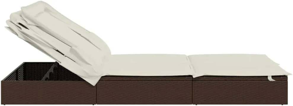 2-Person Sunbed with Foldable Roof Brown 83.9"x46.5"x38.2" Poly Rattancamping Chairs Tanning Chair Recliner Chair Patio chairsSuitable for Gardens, courtyards