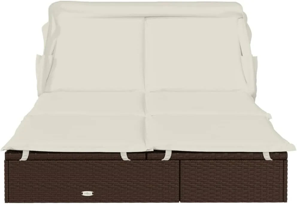 2-Person Sunbed with Foldable Roof Brown 83.9"x46.5"x38.2" Poly Rattancamping Chairs Tanning Chair Recliner Chair Patio chairsSuitable for Gardens, courtyards