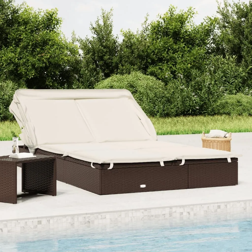 2-Person Sunbed with Foldable Roof Brown 83.9"x46.5"x38.2" Poly Rattancamping Chairs Tanning Chair Recliner Chair Patio chairsSuitable for Gardens, courtyards