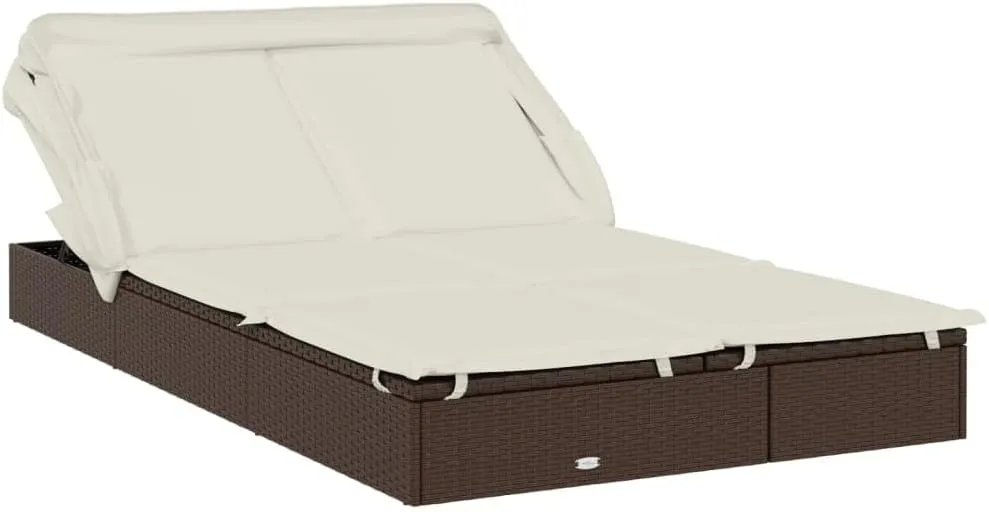 2-Person Sunbed with Foldable Roof Brown 83.9"x46.5"x38.2" Poly Rattancamping Chairs Tanning Chair Recliner Chair Patio chairsSuitable for Gardens, courtyards