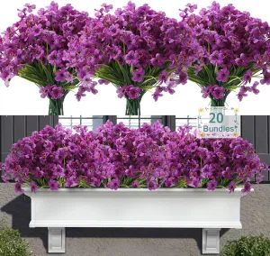 20 Bundles Artificial Flowers for Outdoors, UV Resistant Fake Realistic Flowers with Plastic Plants Spring Decor, Faux Silk Flowers for Outside Window Box Front Porch Planter Decor-Purple