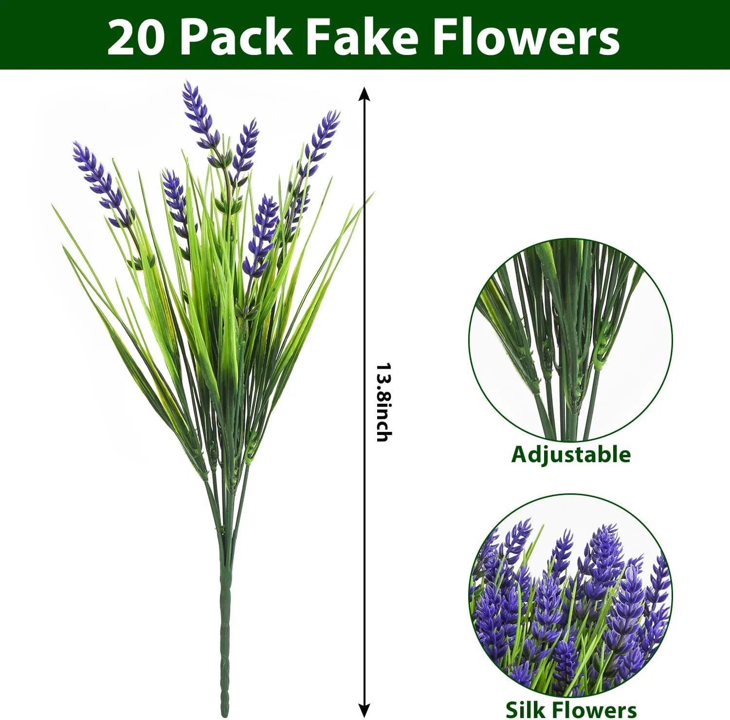 20 Bundles Artificial Plants Outdoor, UV Resistant Fake Flowers， Realistic Faux Lavender Shrubs for Porch Garden Window Box Home Decoration (Purple)