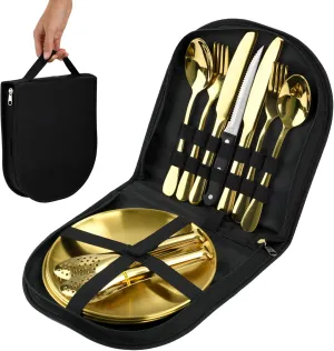 20-Piece Stainless Steel Silverware Set with Organizer, Including Plates, Knives, Forks, Spoons - Premium Outdoor Picnic Tableware for Camping (Golden)