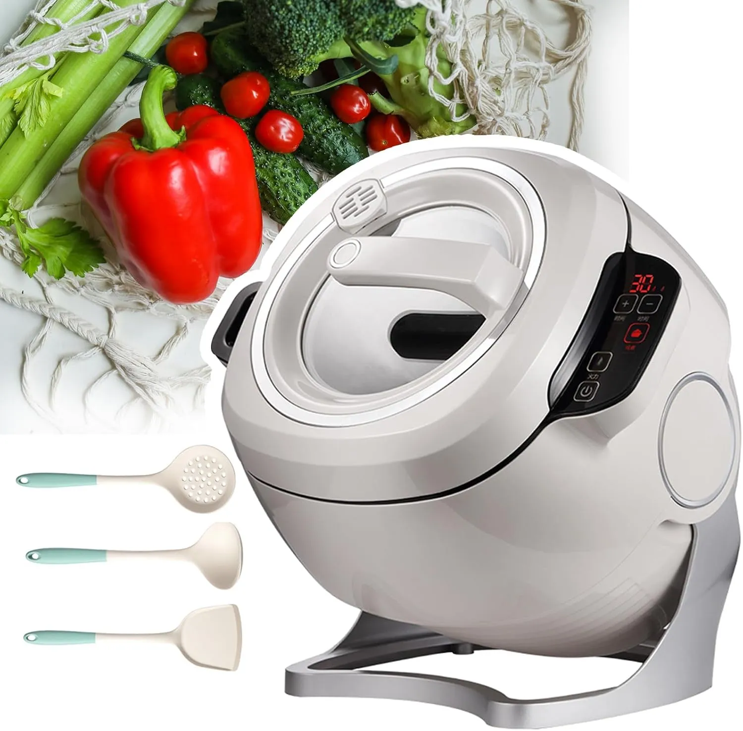 2000w 6l Automatic Cooking Wok Fried Rice Machine, Automatic Cooking Machine with Touch, 3-Speed Adjustable, 360° Automatic Rotation, for Stir-Frying, Stewing, Cooki,