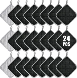 24 Pcs Pot Holders Bulk for Kitchen Heat Resistant, 7X 7Inch Cotton Potholders with Hanging Loops Square Hot Pads Oven Pot Holder Trivet for Cooking Baking（Black