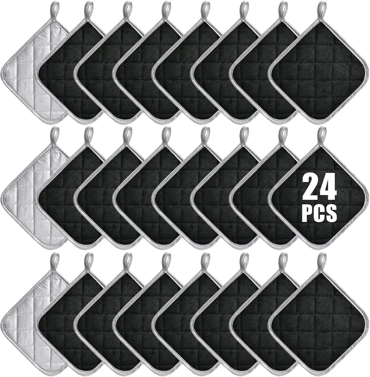 24 Pcs Pot Holders Bulk for Kitchen Heat Resistant, 7X 7Inch Cotton Potholders with Hanging Loops Square Hot Pads Oven Pot Holder Trivet for Cooking Baking（Black