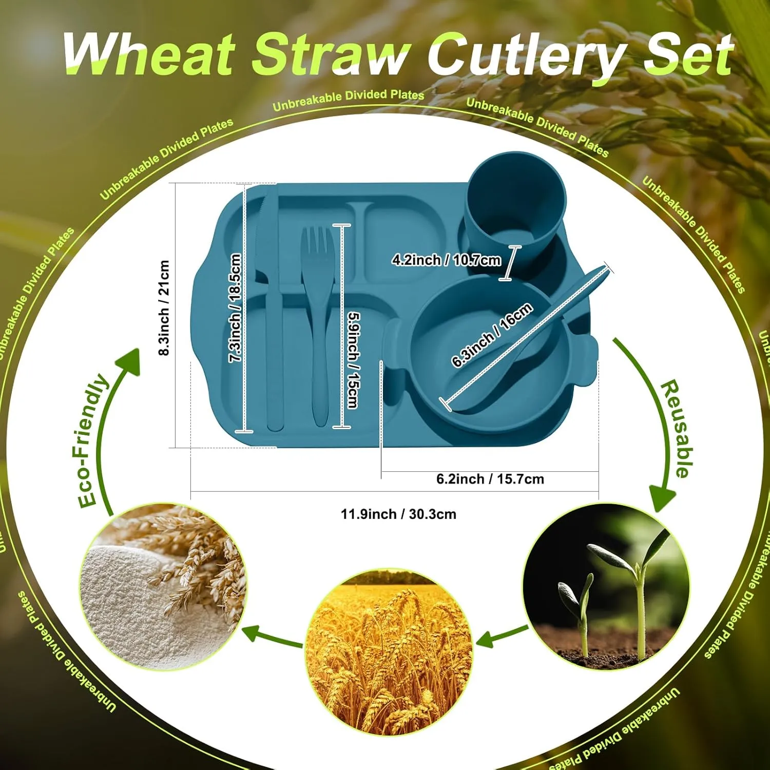 24 Pcs Wheat Straw Dinnerware Cutlery Set for Kids Toddler Aldult Including Divided Plates Microwave Dishwasher Safe Bowl Unbreakable Tableware Straw Cutlery Spoon Knife Fork(Bright Color)