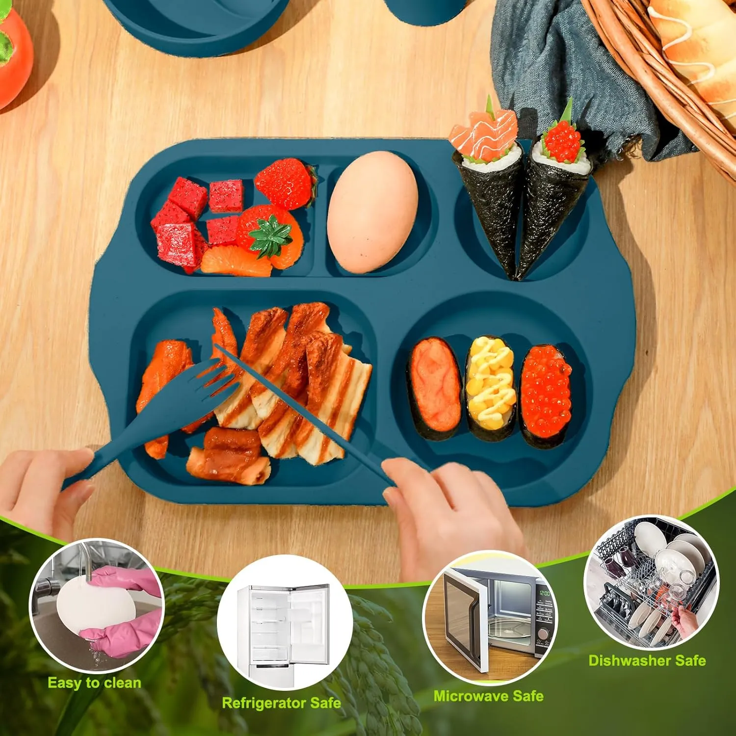 24 Pcs Wheat Straw Dinnerware Cutlery Set for Kids Toddler Aldult Including Divided Plates Microwave Dishwasher Safe Bowl Unbreakable Tableware Straw Cutlery Spoon Knife Fork(Bright Color)