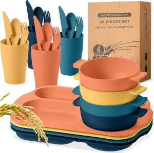 24 Pcs Wheat Straw Dinnerware Cutlery Set for Kids Toddler Aldult Including Divided Plates Microwave Dishwasher Safe Bowl Unbreakable Tableware Straw Cutlery Spoon Knife Fork(Bright Color)