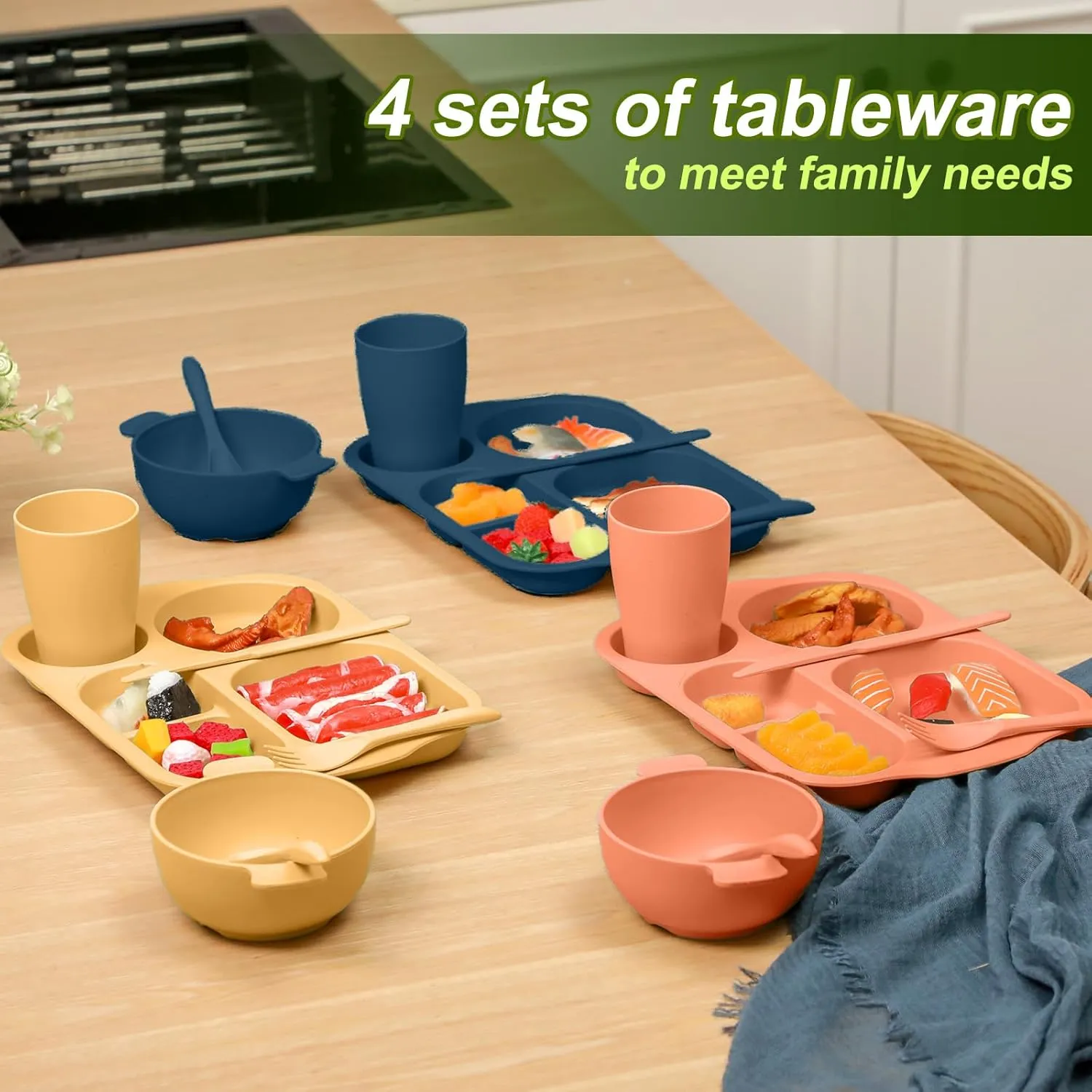 24 Pcs Wheat Straw Dinnerware Cutlery Set for Kids Toddler Aldult Including Divided Plates Microwave Dishwasher Safe Bowl Unbreakable Tableware Straw Cutlery Spoon Knife Fork(Bright Color)