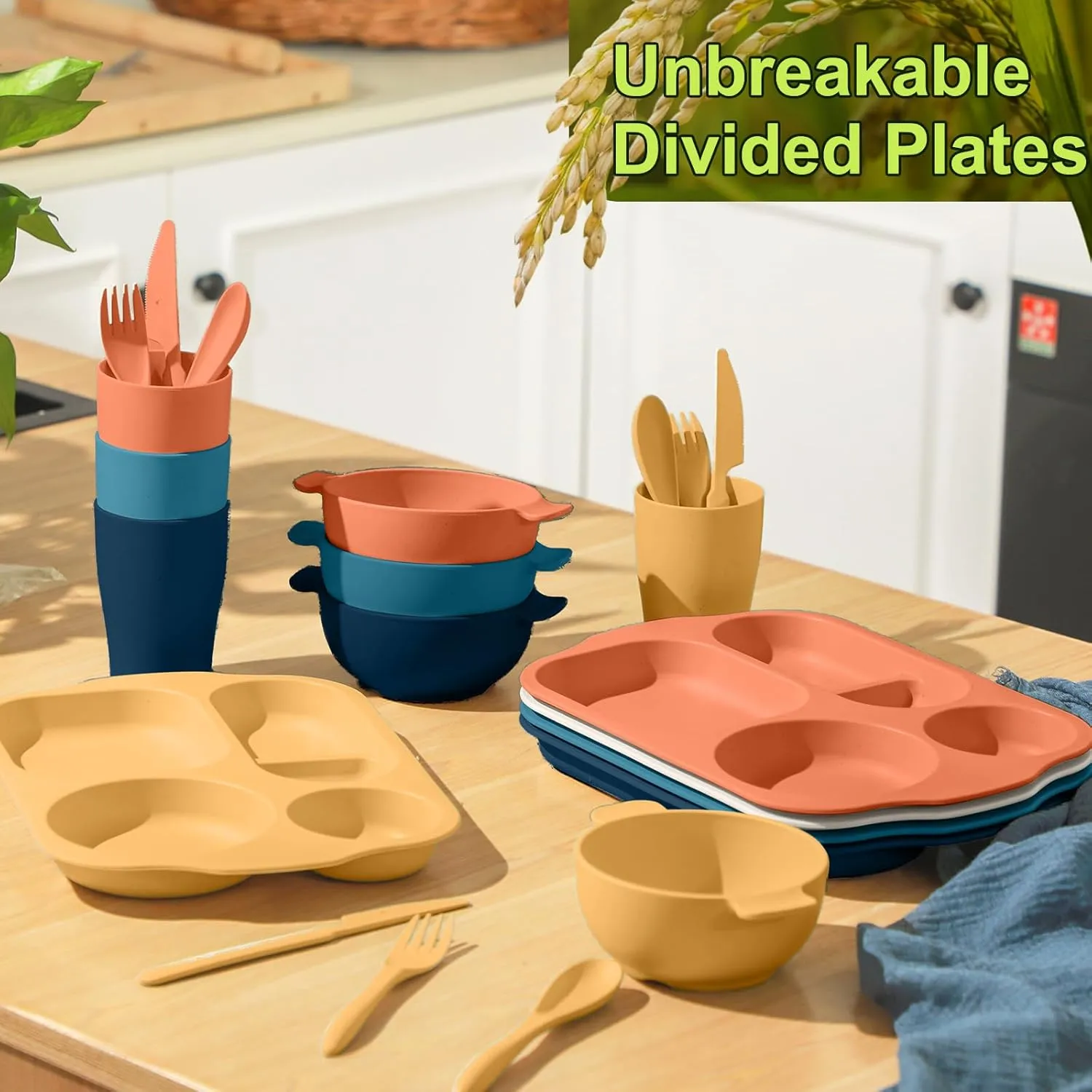 24 Pcs Wheat Straw Dinnerware Cutlery Set for Kids Toddler Aldult Including Divided Plates Microwave Dishwasher Safe Bowl Unbreakable Tableware Straw Cutlery Spoon Knife Fork(Bright Color)