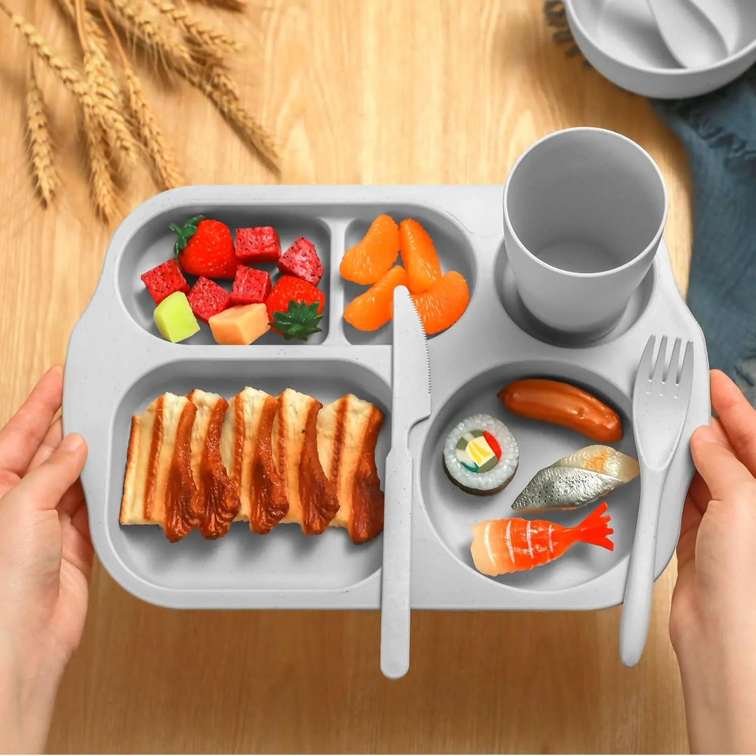 24 Pcs Wheat Straw Dinnerware Cutlery Set for Kids Toddler Aldult Including Divided Plates Microwave Dishwasher Safe Bowl Unbreakable Tableware Straw Cutlery Spoon Knife Fork(Dark Color)