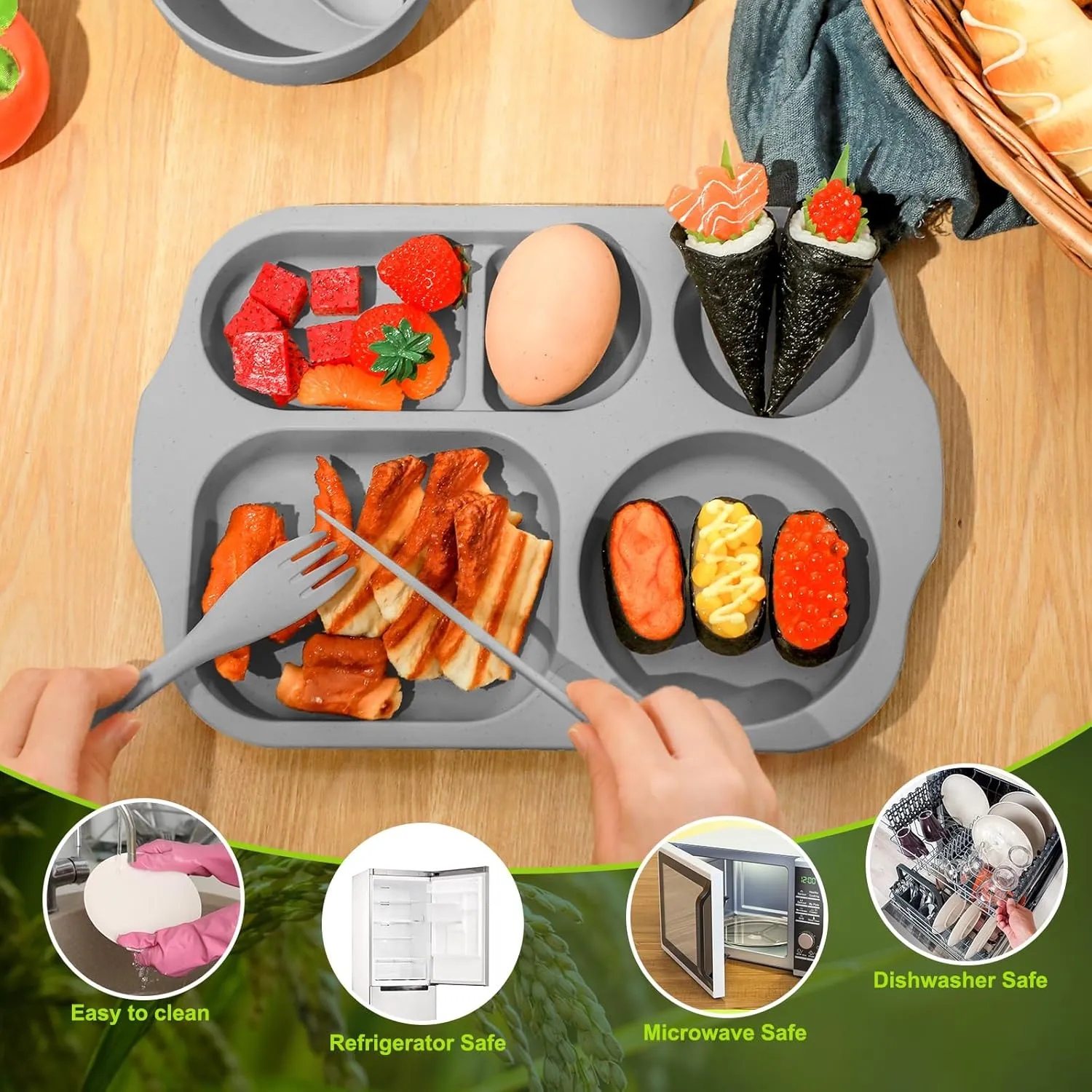 24 Pcs Wheat Straw Dinnerware Cutlery Set for Kids Toddler Aldult Including Divided Plates Microwave Dishwasher Safe Bowl Unbreakable Tableware Straw Cutlery Spoon Knife Fork(Dark Color)