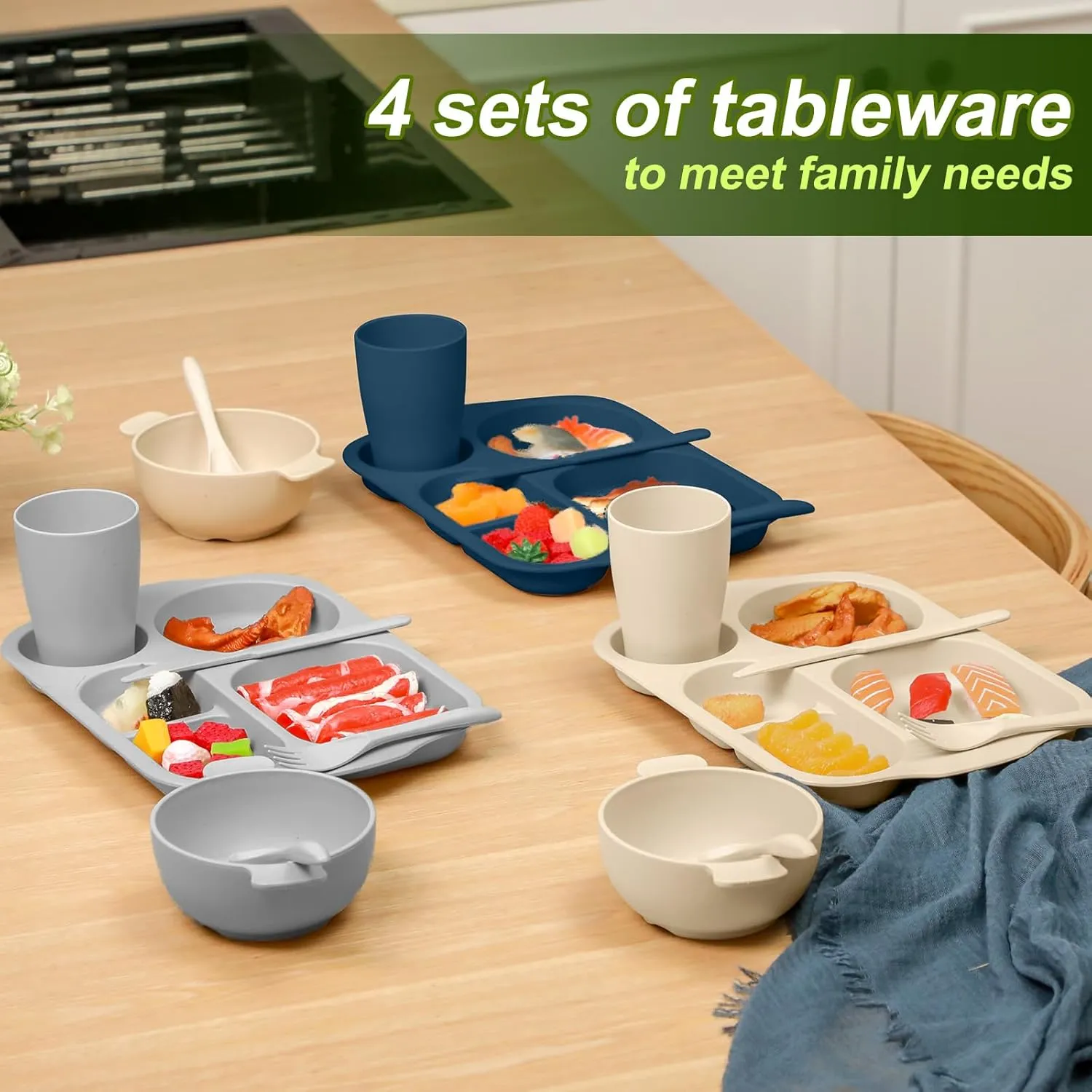 24 Pcs Wheat Straw Dinnerware Cutlery Set for Kids Toddler Aldult Including Divided Plates Microwave Dishwasher Safe Bowl Unbreakable Tableware Straw Cutlery Spoon Knife Fork(Dark Color)