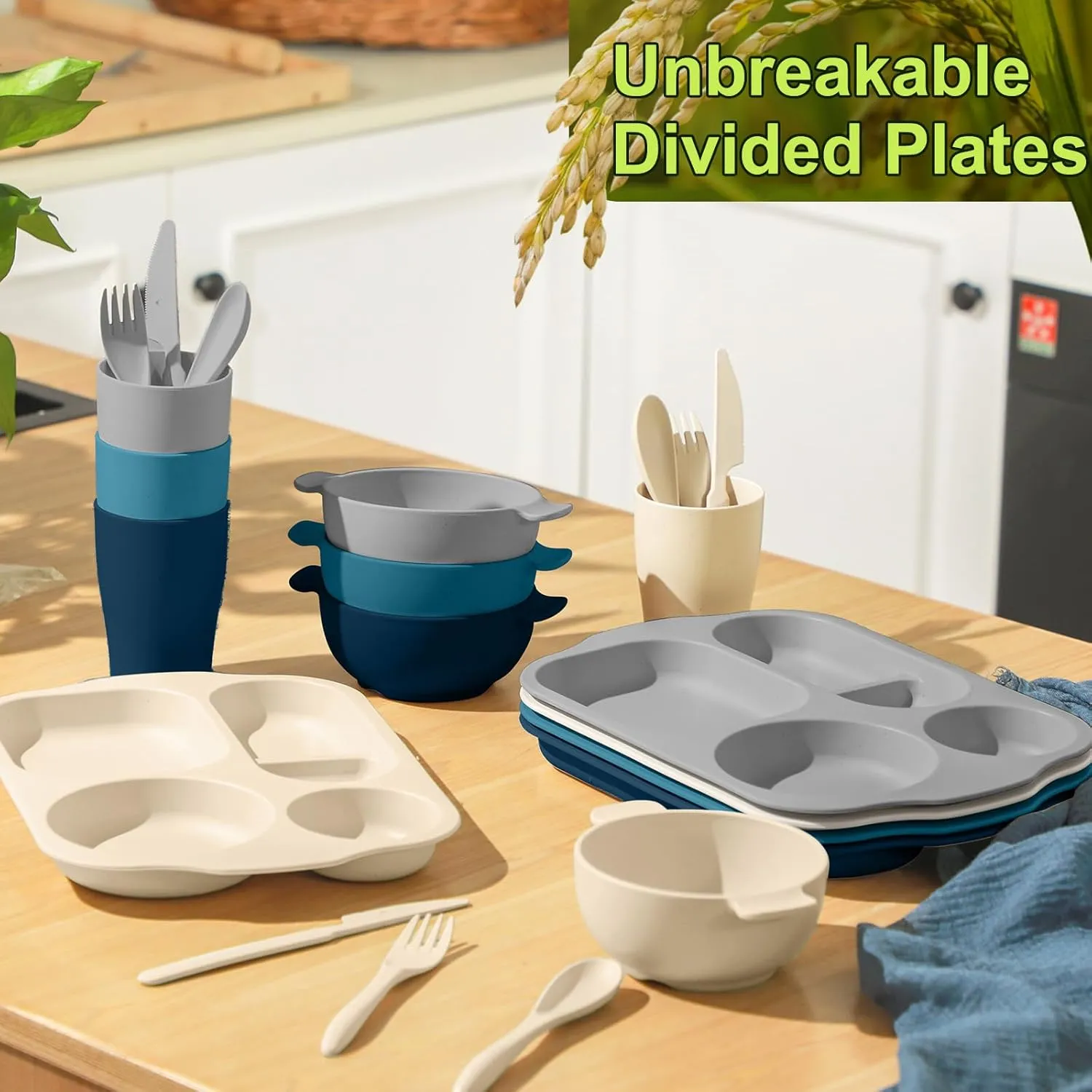 24 Pcs Wheat Straw Dinnerware Cutlery Set for Kids Toddler Aldult Including Divided Plates Microwave Dishwasher Safe Bowl Unbreakable Tableware Straw Cutlery Spoon Knife Fork(Dark Color)