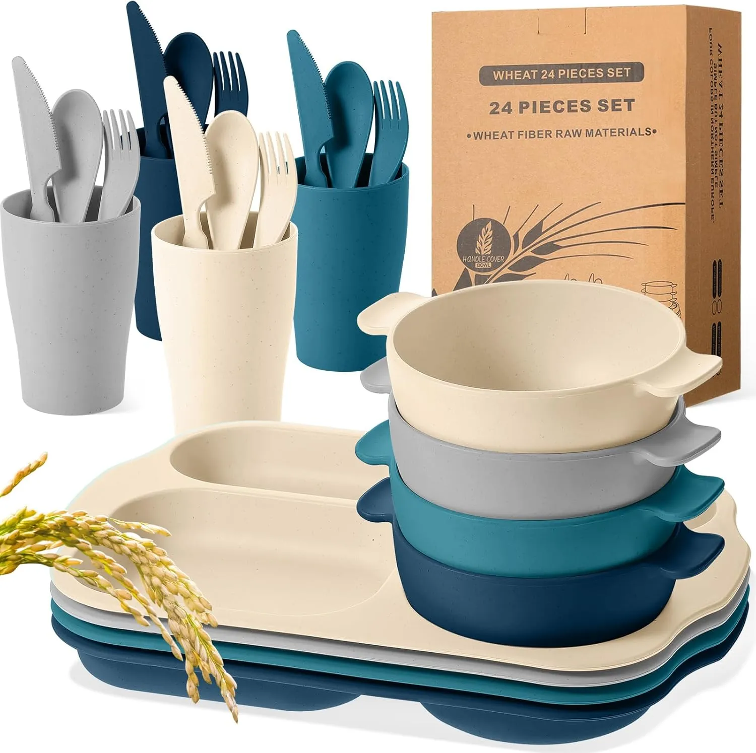 24 Pcs Wheat Straw Dinnerware Cutlery Set for Kids Toddler Aldult Including Divided Plates Microwave Dishwasher Safe Bowl Unbreakable Tableware Straw Cutlery Spoon Knife Fork(Dark Color)