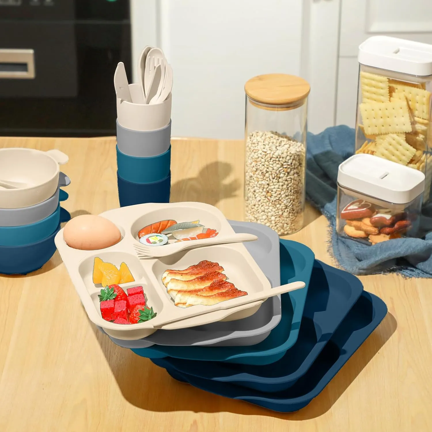 24 Pcs Wheat Straw Dinnerware Cutlery Set for Kids Toddler Aldult Including Divided Plates Microwave Dishwasher Safe Bowl Unbreakable Tableware Straw Cutlery Spoon Knife Fork(Dark Color)