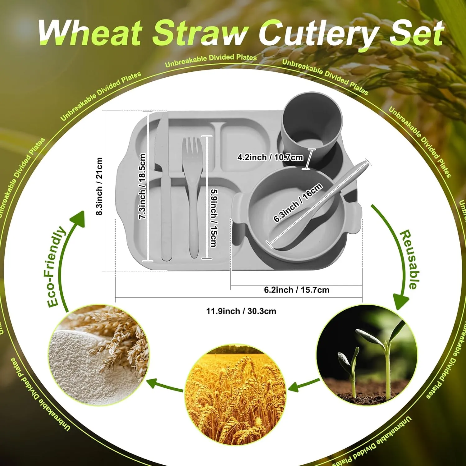 24 Pcs Wheat Straw Dinnerware Cutlery Set for Kids Toddler Aldult Including Divided Plates Microwave Dishwasher Safe Bowl Unbreakable Tableware Straw Cutlery Spoon Knife Fork(Dark Color)