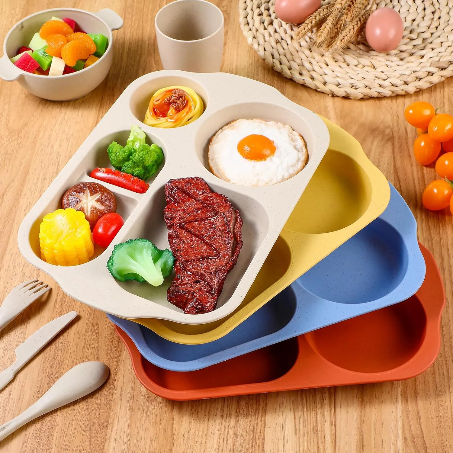24 Pcs Wheat Straw Dinnerware Cutlery Set for Kids Toddler Aldult Including Divided Plates Microwave Dishwasher Safe Bowl Unbreakable Tableware Straw Cutlery Spoon Knife Fork(Mixed Color)