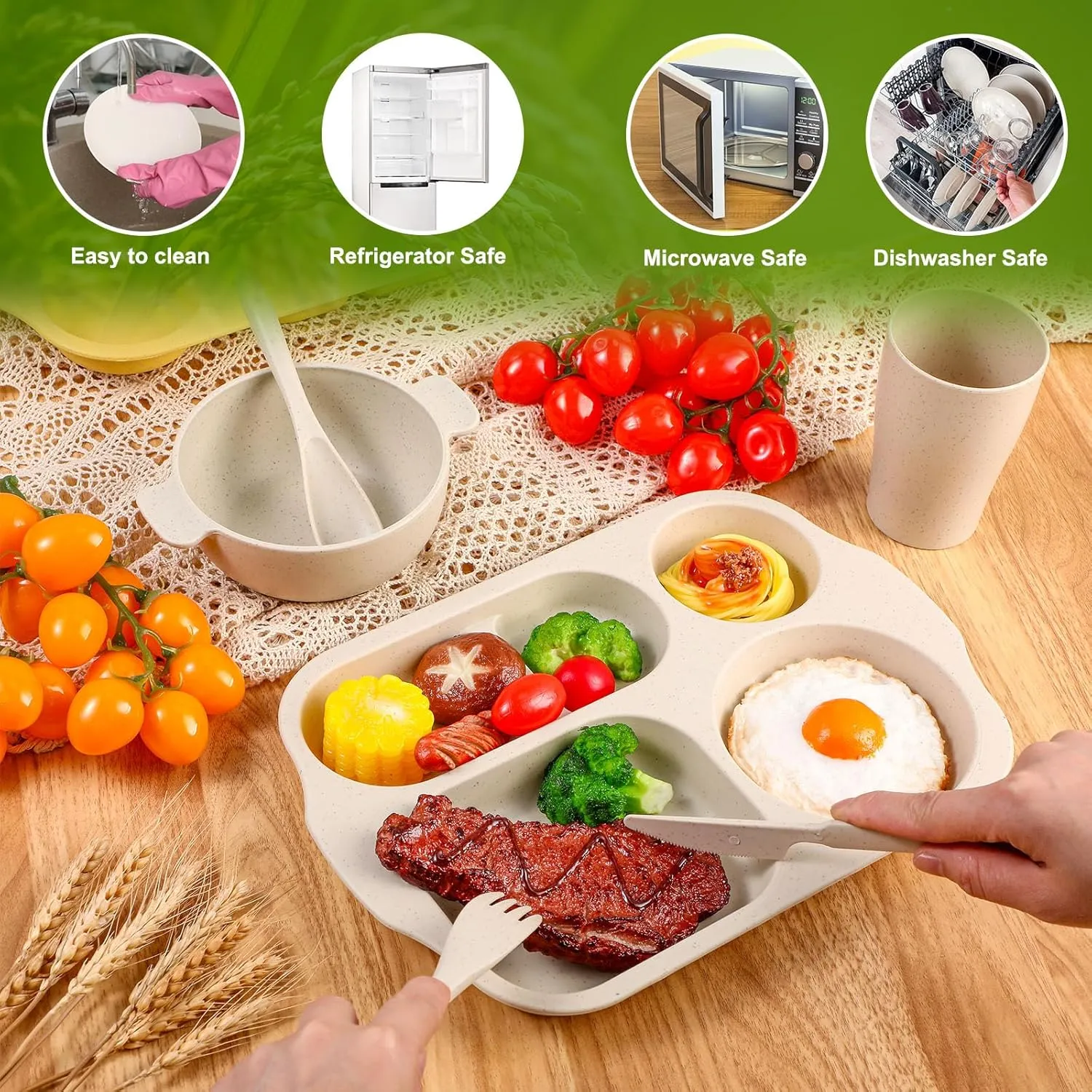 24 Pcs Wheat Straw Dinnerware Cutlery Set for Kids Toddler Aldult Including Divided Plates Microwave Dishwasher Safe Bowl Unbreakable Tableware Straw Cutlery Spoon Knife Fork(Mixed Color)