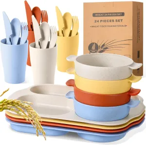 24 Pcs Wheat Straw Dinnerware Cutlery Set for Kids Toddler Aldult Including Divided Plates Microwave Dishwasher Safe Bowl Unbreakable Tableware Straw Cutlery Spoon Knife Fork(Mixed Color)