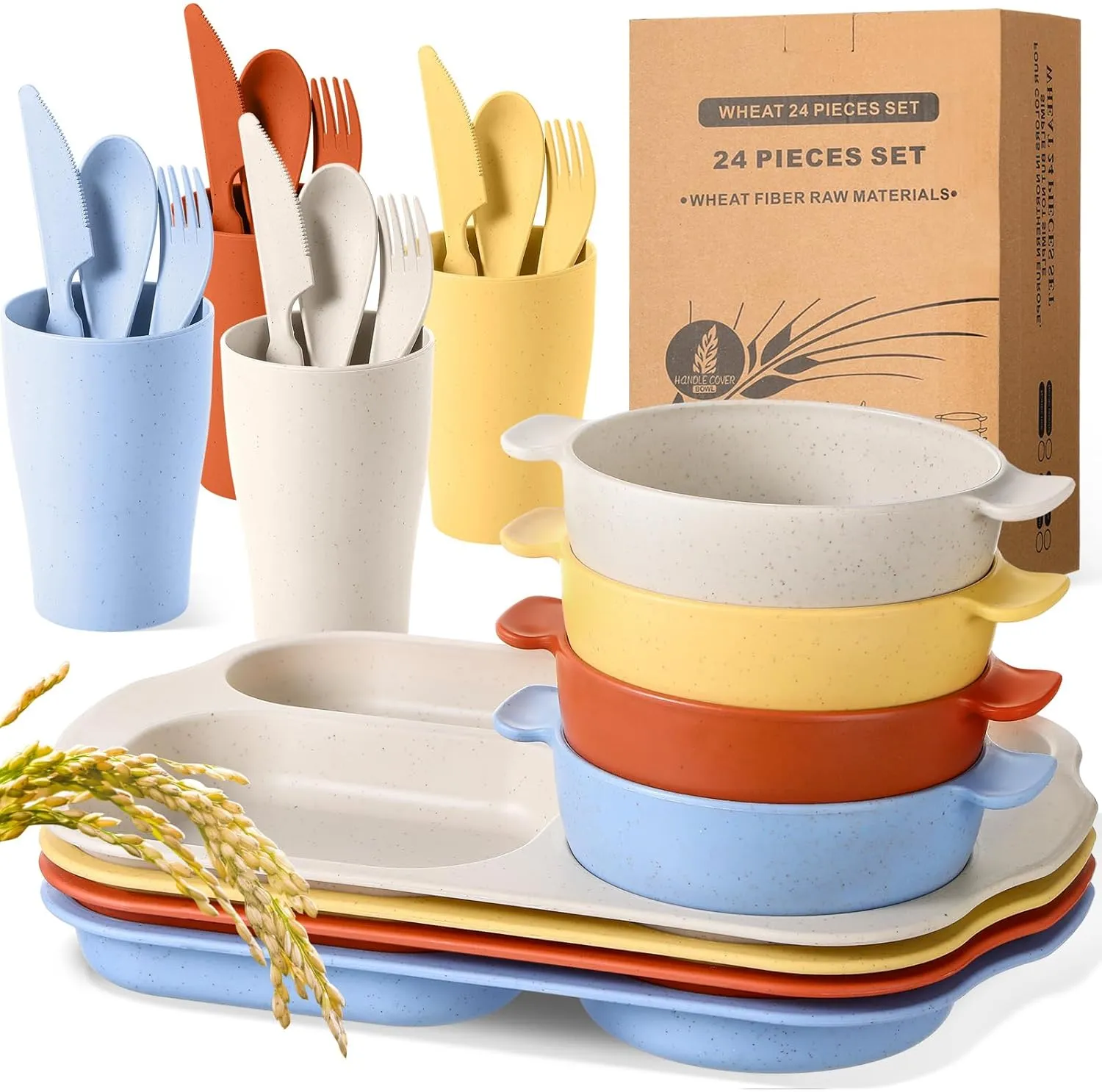 24 Pcs Wheat Straw Dinnerware Cutlery Set for Kids Toddler Aldult Including Divided Plates Microwave Dishwasher Safe Bowl Unbreakable Tableware Straw Cutlery Spoon Knife Fork(Mixed Color)