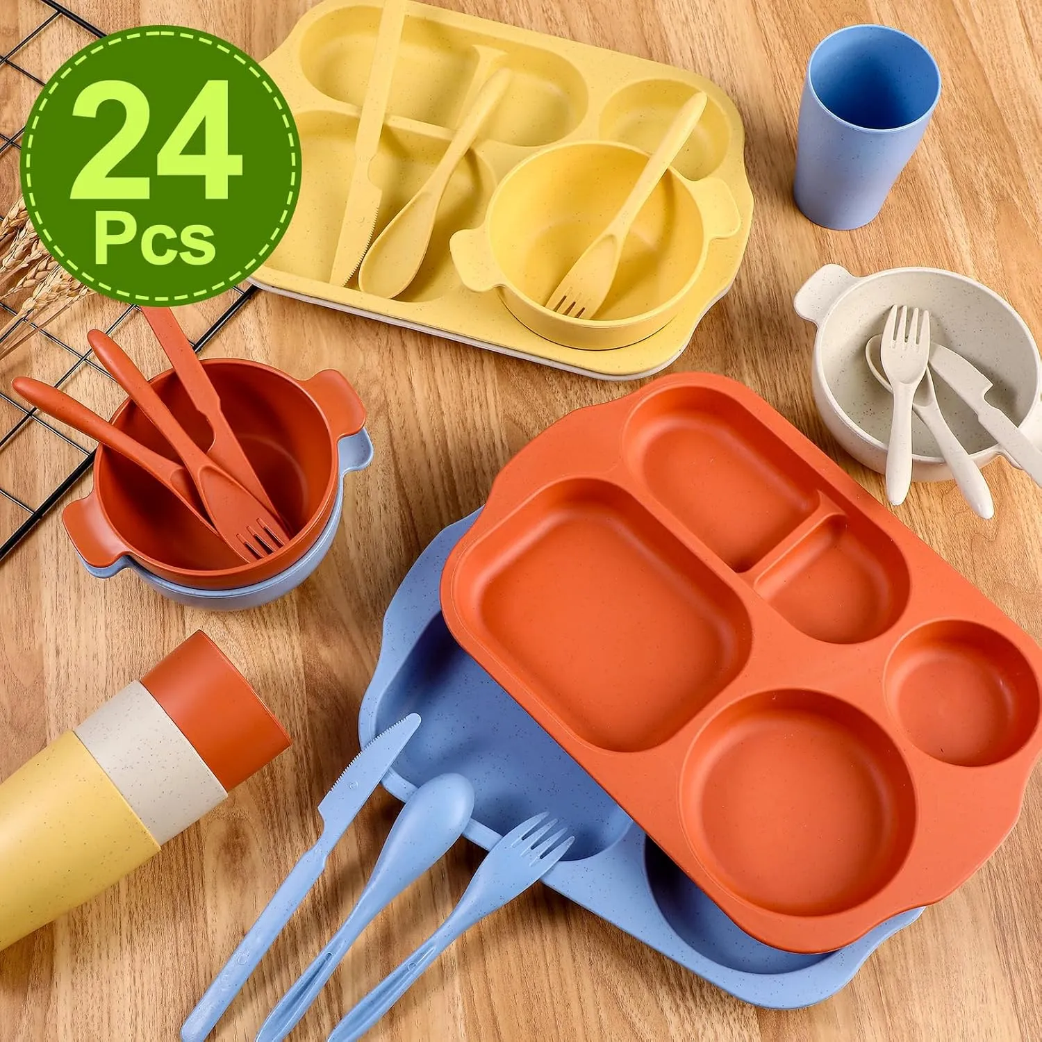 24 Pcs Wheat Straw Dinnerware Cutlery Set for Kids Toddler Aldult Including Divided Plates Microwave Dishwasher Safe Bowl Unbreakable Tableware Straw Cutlery Spoon Knife Fork(Mixed Color)