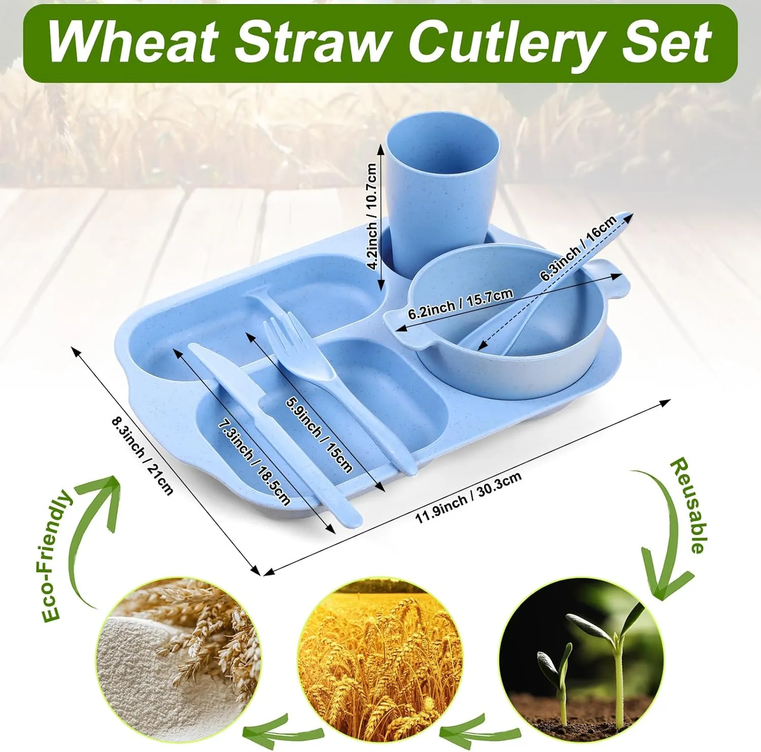 24 Pcs Wheat Straw Dinnerware Cutlery Set for Kids Toddler Aldult Including Divided Plates Microwave Dishwasher Safe Bowl Unbreakable Tableware Straw Cutlery Spoon Knife Fork(Mixed Color)