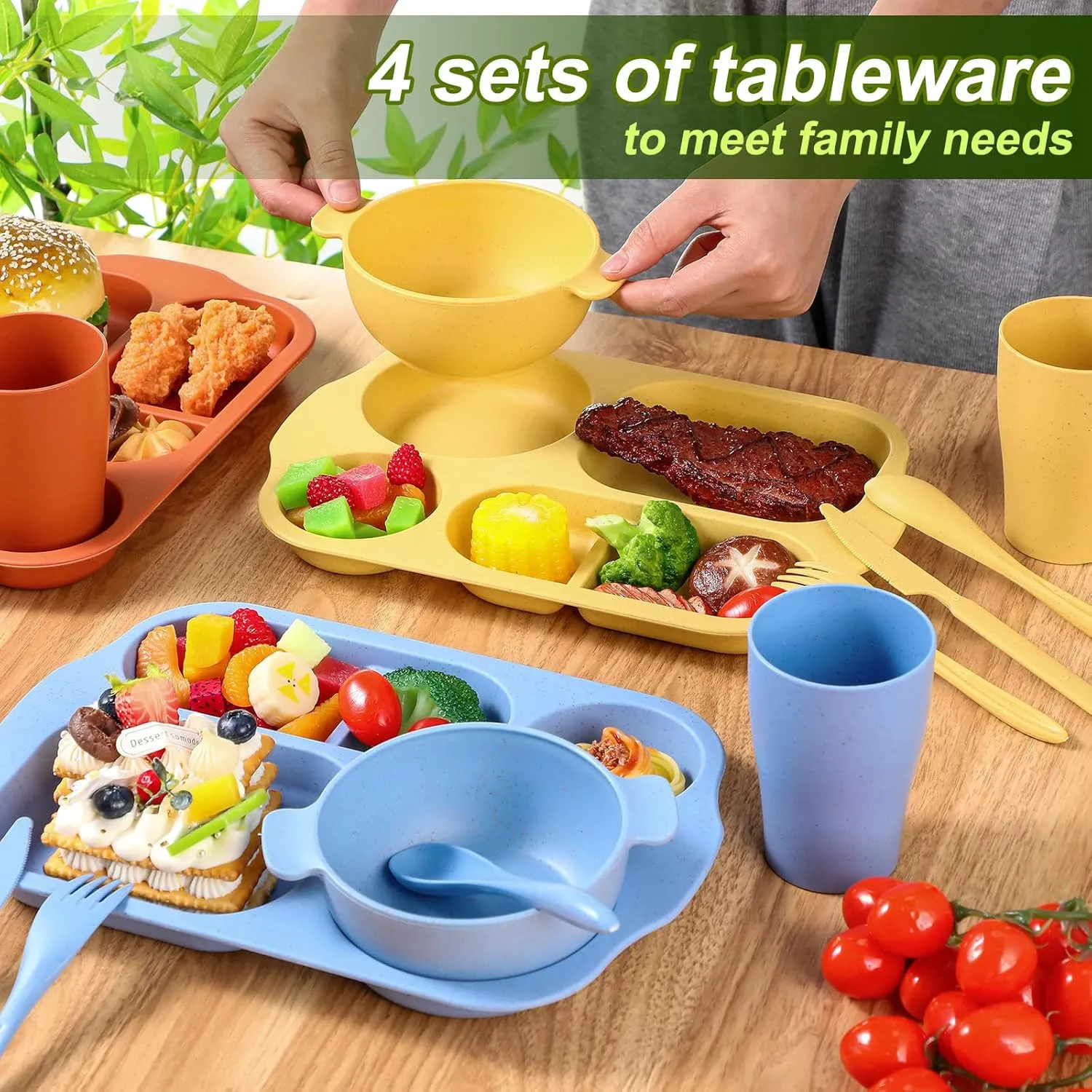 24 Pcs Wheat Straw Dinnerware Cutlery Set for Kids Toddler Aldult Including Divided Plates Microwave Dishwasher Safe Bowl Unbreakable Tableware Straw Cutlery Spoon Knife Fork(Mixed Color)