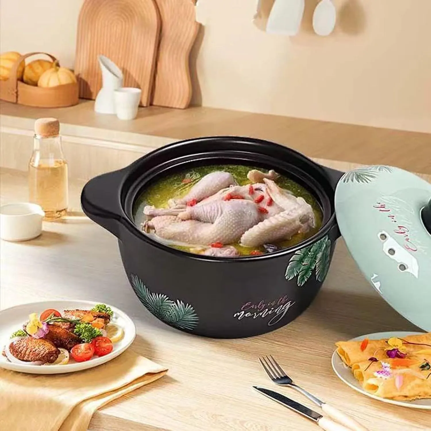 2.6 Quart Ceramic Casserole,with Lid Ceramic Pot,Heat-Resistant Round Stew Pot Soup Pot for cook bibimbap, soup, rice, stew, casserole (Green2.6QT)