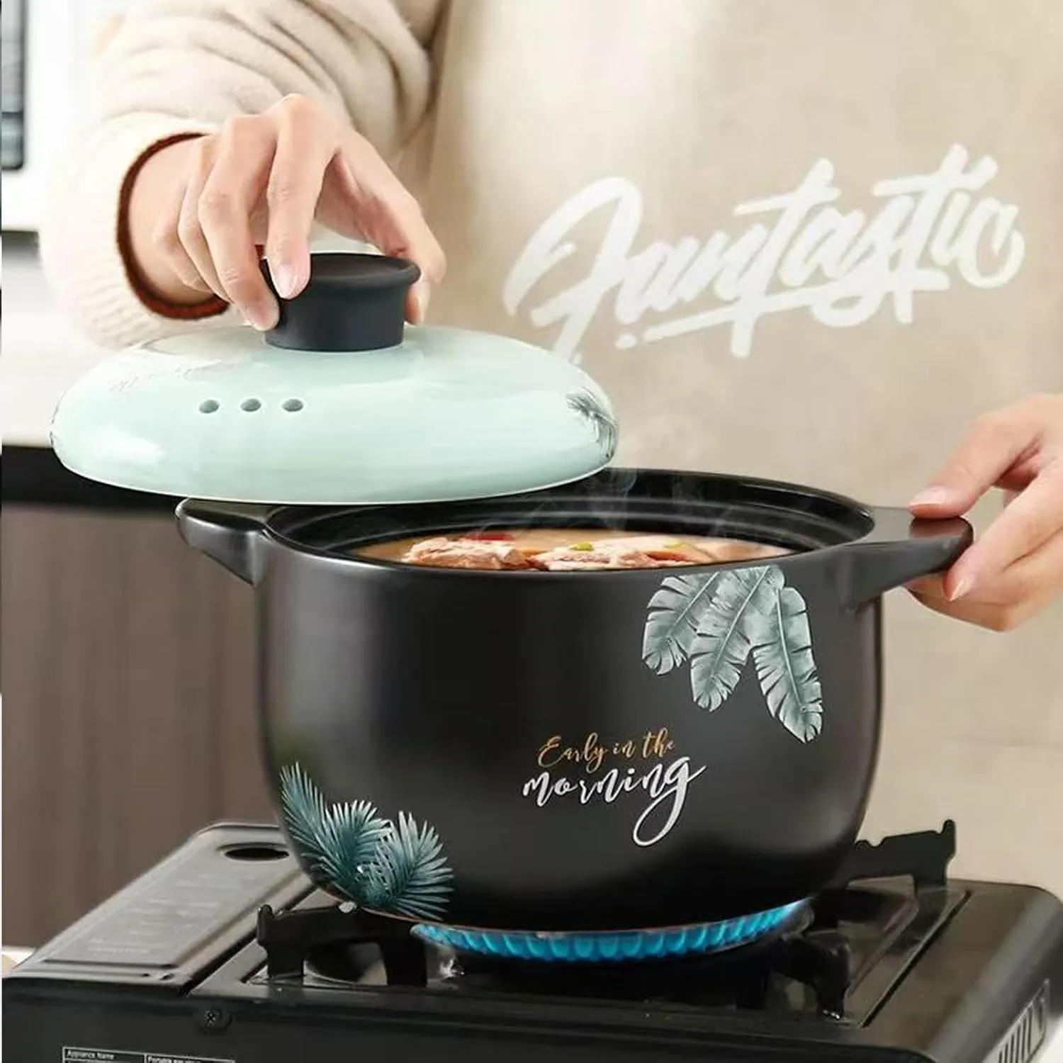 2.6 Quart Ceramic Casserole,with Lid Ceramic Pot,Heat-Resistant Round Stew Pot Soup Pot for cook bibimbap, soup, rice, stew, casserole (Green2.6QT)