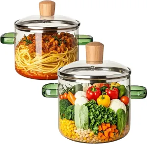 2PCS Glass Saucepan with Lid, Heat-Resistant Borosilicate Glass Simmer Pot, Durable Transparent Cooking Pot for Soup, Pasta, Noodles, Baby Food, Clear Glass Cookware Set for Stovetop (2PCS-Green)