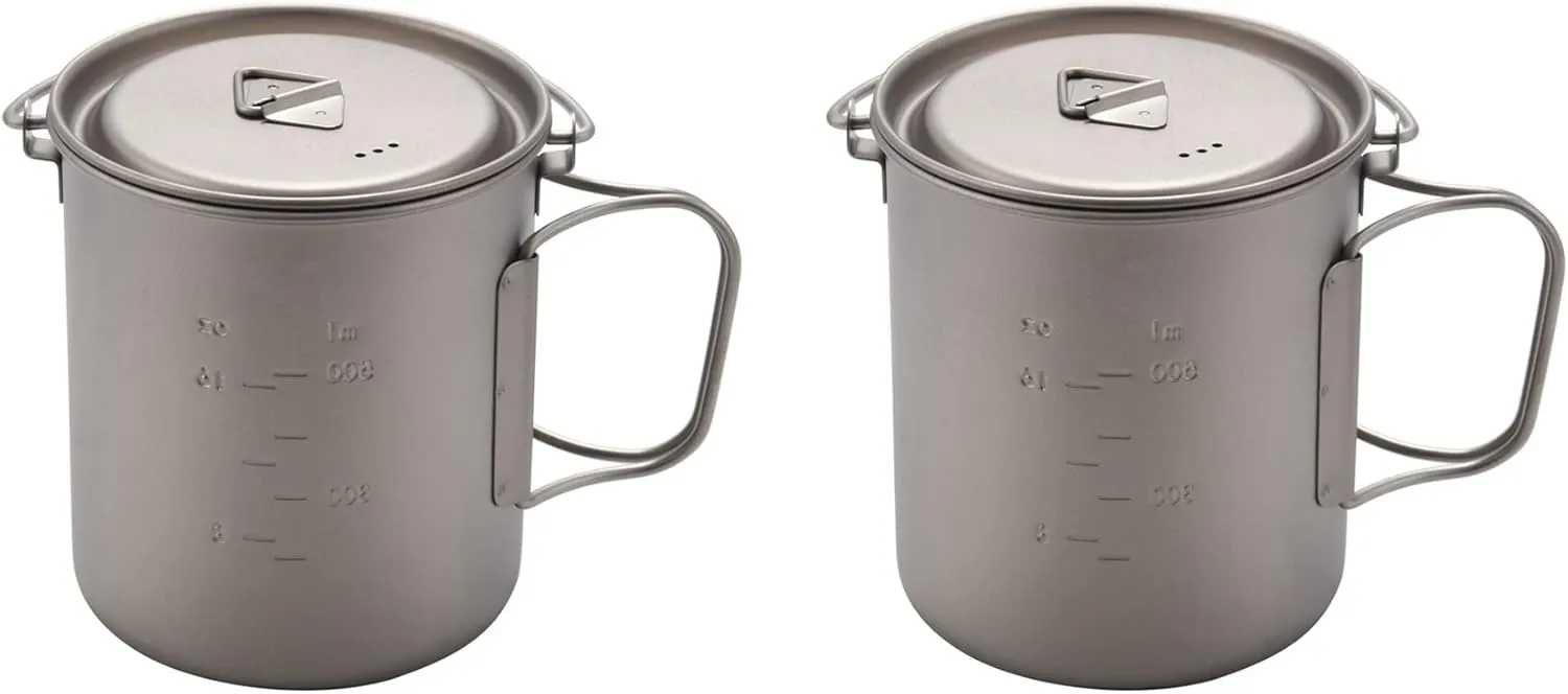 2X Outdoor Titanium Pot Cup Mug Pots Tableware Camping Cup Picnic Water Cup Mug of Coffee Tea with Lid Pot 750Ml