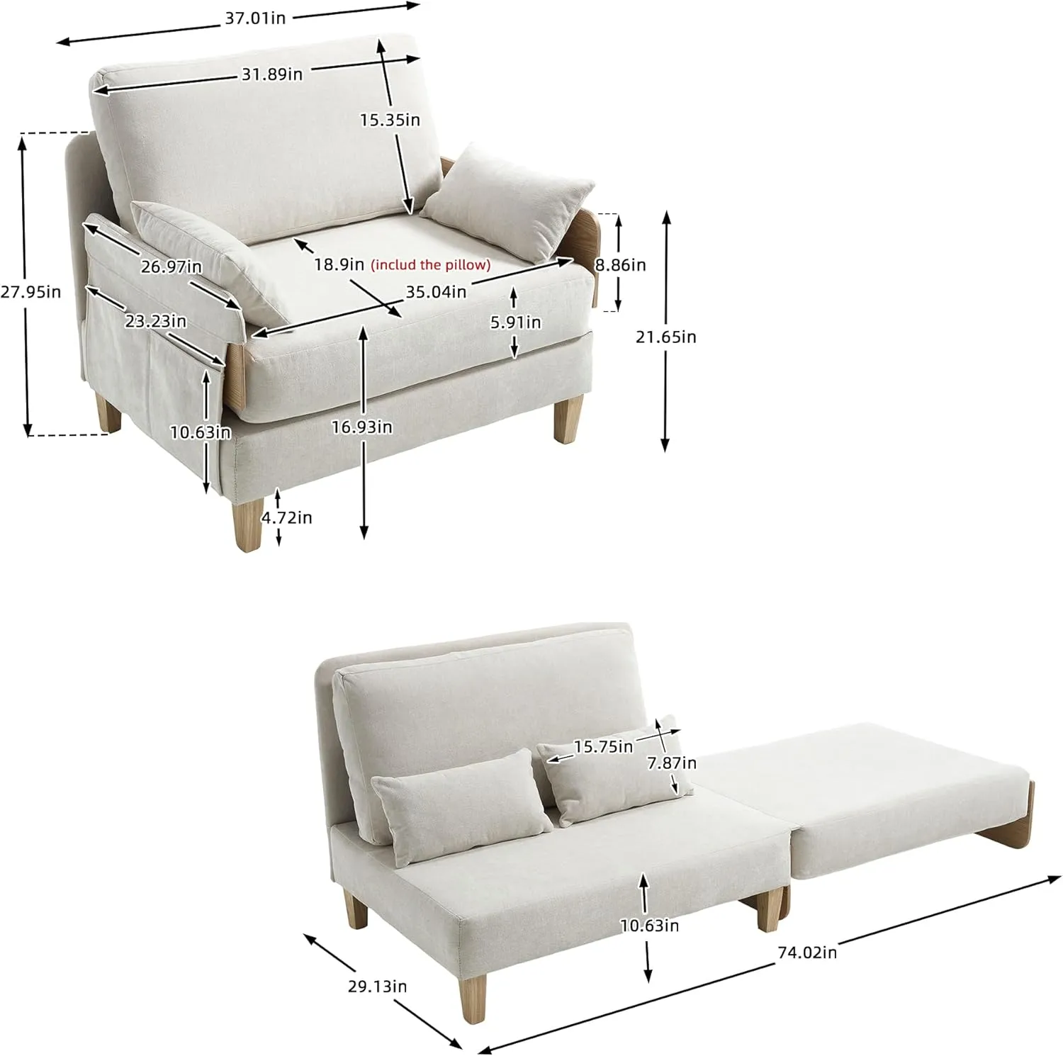 3-in-1 Foldable Sofa Bed Recliner Sleeper, Mid-Century Modern Convertible Sofa Chair with 3 Pillows, Space-Saving Design for Small Spaces, Bedroom, Study & Guest Room, Beige