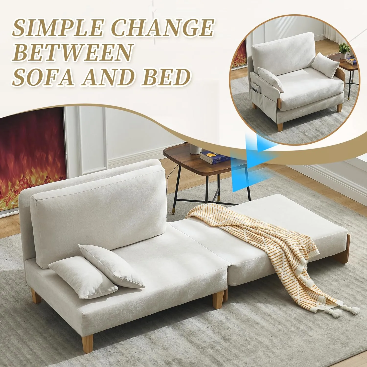 3-in-1 Foldable Sofa Bed Recliner Sleeper, Mid-Century Modern Convertible Sofa Chair with 3 Pillows, Space-Saving Design for Small Spaces, Bedroom, Study & Guest Room, Beige