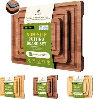 3 Packs Bamboo Cutting Board Set with Non Slip Feet and Over Sink Nice Solid Thick Wood Juice Groove Chopping Board Extra Large Big Small Best Hardwood Kitchen Counter Organic Vegetable