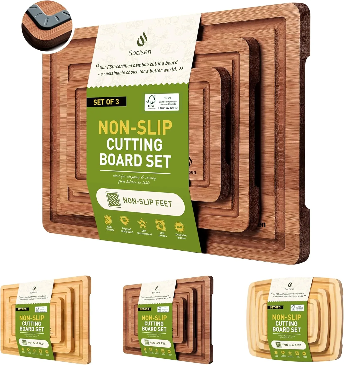 3 Packs Bamboo Cutting Board Set with Non Slip Feet and Over Sink Nice Solid Thick Wood Juice Groove Chopping Board Extra Large Big Small Best Hardwood Kitchen Counter Organic Vegetable