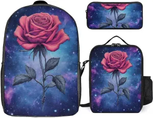 3 Pcs Backpack Set Travel Backpack Casual 17 Inch Daypack Space Galaxy Flower Glitter Rose Art College Bookbag with Insulated Lunch Bag and Pencil Pouch